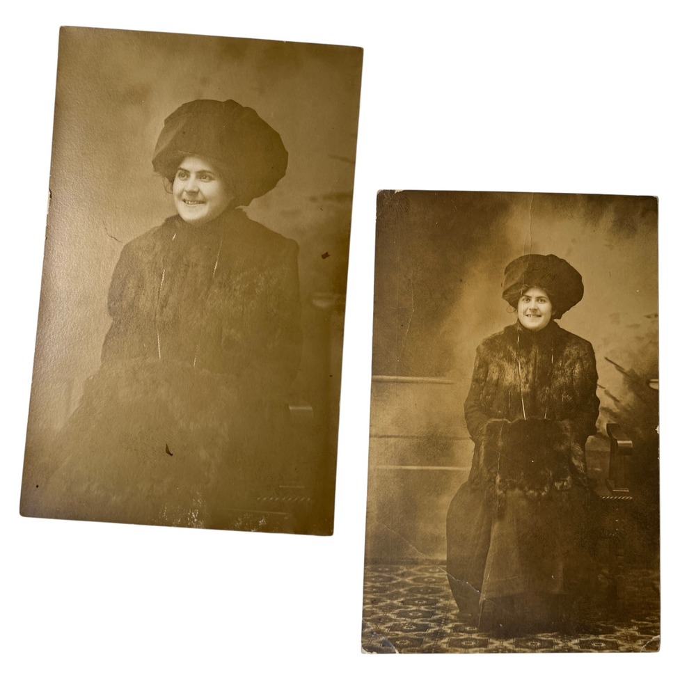 VTG (2) Antique RPPC Photos Postcards Woman Fur Hat Coat Fashion‎ Portrait 1910s